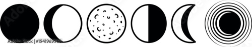 Minimalist black and white vector icons showing various moon phases including full moon crescent moon and lunar eclipse in simple line art style