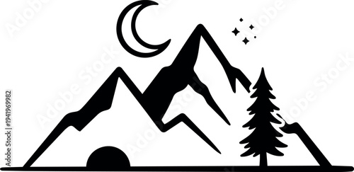 Minimalist black and white vector art of mountain peaks with crescent moon stars and pine tree simple nature scene design