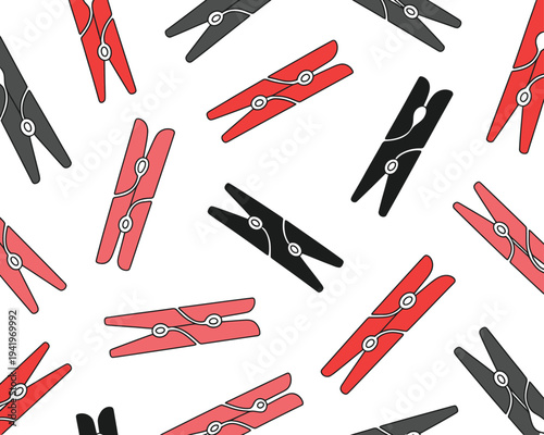 Seamless pattern displays scattered red and charcoal clothes pins against a.