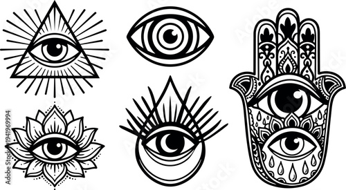 Black and white vector art of mystical eyes with triangular lotus sunburst and hamsa hand with decorative teardrops and rays