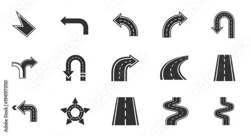 Road Direction Icons - Navigation and Route Symbols.