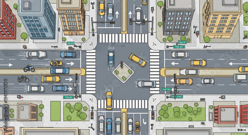 Aerial View of a Busy City Intersection.