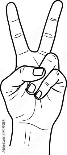 Hand making peace or victory sign gesture with two raised fingers, outline illustration symbolizing freedom, success and positive expression