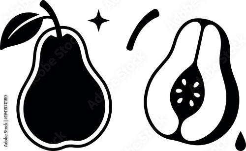 Black and white flat design of whole and sliced papaya fruit with leaf and seed details in simple vector style