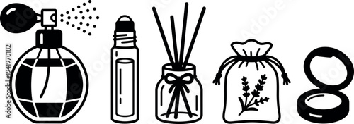 Black and white line art set of vintage perfume spray roller bottle reed diffuser sachet and round compact powder container