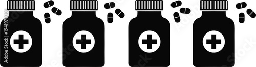Medicine bottle and pills silhouettes set with pharmaceutical containers and capsules for healthcare, pharmacy and medication treatment concept illustration