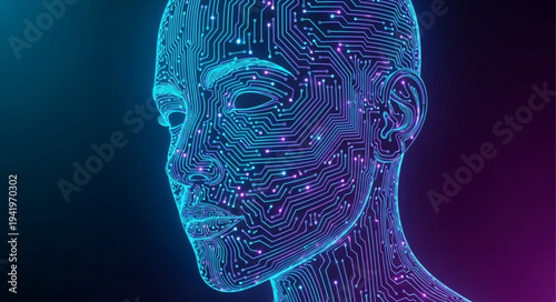 Futuristic Digital Human Face Made of Light Particles.