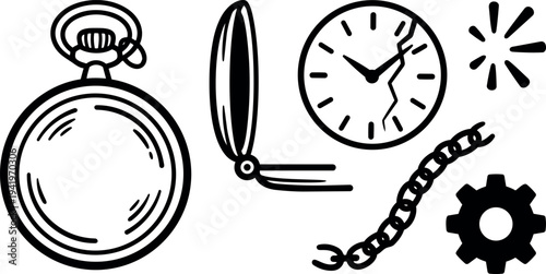 Black and white vintage style drawing of broken pocket watch with chain gear and starburst elements isolated on white background