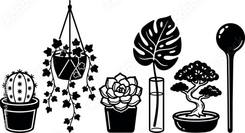 Minimalist black silhouette potted cactus hanging ivy succulent monstera leaf bonsai tree and garden tool vector set