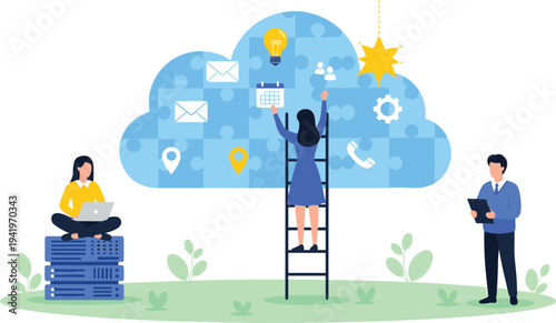 Cloud computing concept with people managing digital services, data, communication and innovation icons in cloud network technology illustration