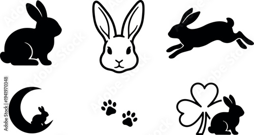 Black silhouette sitting running and face front bunny rabbit with paw prints and clover leaf vector art collection