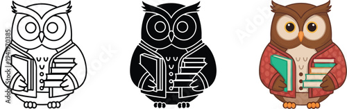 Wise cartoon owl wearing a jacket and holding a stack of educational books in three different versatile vector graphic styles for design projects