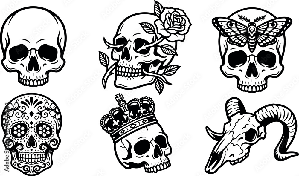 Fototapeta premium Black and white line art various skull designs with rose crown moth and floral elements vector set