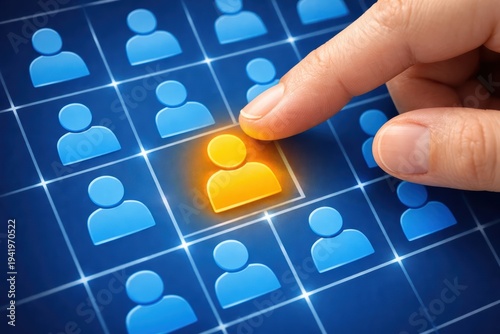 Selecting the Best Candidate: The hand of a recruiter meticulously selects a standout figure from a grid of potential candidates, highlighting the process of talent acquisition and choice.