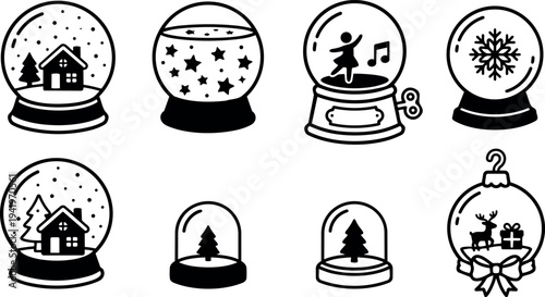 Black and white vector icons collection of snow globe decorations with houses trees reindeer music box and snowflakes detailed outline style