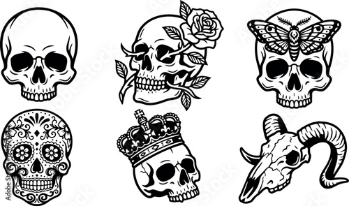Black and white line art various skull designs with rose crown moth and floral elements vector set