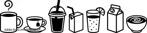 Black and white vector art of seven different drink icons including coffee tea juice milk carton and bowl with straw and lemon slice