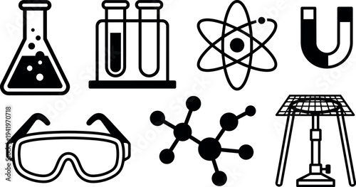 Black and white vector icons of chemistry flask test tubes atom magnet safety goggles molecule and laboratory burner stand isolated on white background