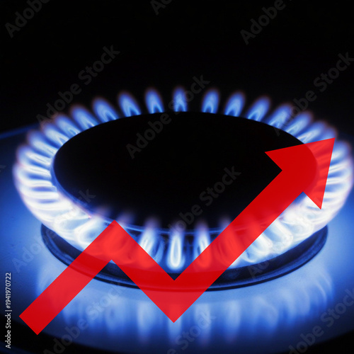 Natural Gas Price Hike and Global Energy Crisis Concept: Blue Gas Stove Burner with Red Upward Rising Trend Arrow representing Inflation, High Heating Bills and Expensive Utility Costs in Economy.