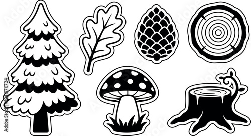 Black and white vector art of pine tree oak leaf pine cone mushroom and tree stump with wood texture and nature elements illustration set