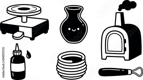 Minimalist black and white vector art set of pottery wheel vase stackable plates clay oven and sculpting tool illustration