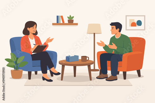 Vector illustration of a professional female psychologist and male patient sitting in armchairs during a therapy session in a cozy living room, discussing mental health, wellness, emotional support.