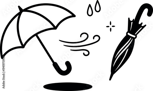 Black line art umbrellas open and closed blowing wind drops minimal vector illustration