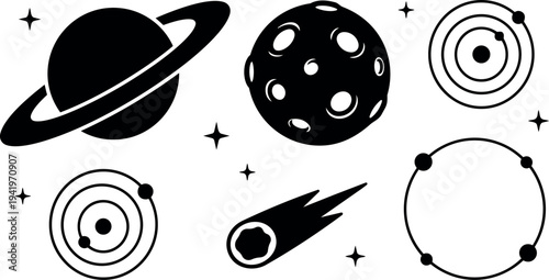 Minimalist black and white space icons including planet with rings moon cratered surface orbit planets comet and stars set