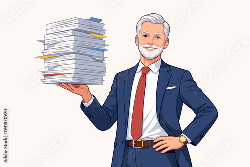 Vector Illustration of a Confident Senior Businessman in a Blue Suit and Red Tie Smiling While Effortlessly Holding a Large Stack of Paperwork and Documents with One Hand on White Background.