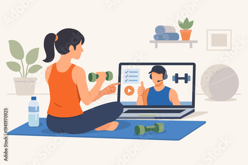 Woman Exercising at Home with Online Personal Trainer on Laptop, Virtual Fitness Class with Dumbbells and Yoga Mat, Healthy Lifestyle and Home Workout Concept, Flat Vector Illustration Design