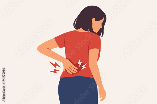 Flat vector illustration of a young woman suffering from severe lower back pain, touching her lumbar region with red lightning bolt symbols indicating sharp ache, medical concept for healthcare.