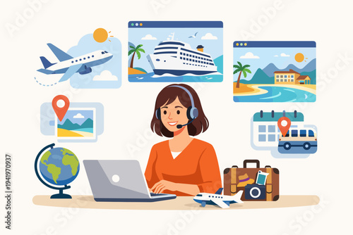 Flat vector illustration of a female travel agent with headset working on a laptop, offering online booking for cruise ships, airplane tickets, beach resorts, bus tours, and vacation planning.