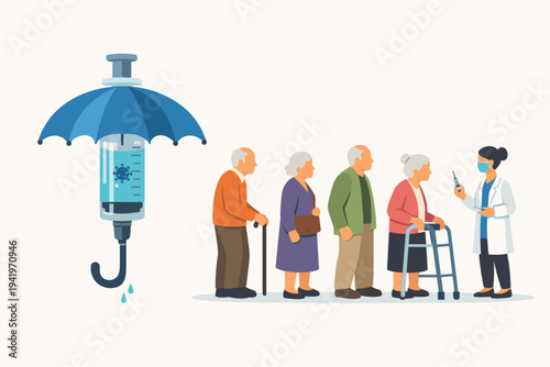 Vector Illustration of Elderly People Waiting in Line for COVID-19 Vaccination with a Healthcare Worker and a Symbolic Umbrella Syringe Representing Protection and Immunity for Seniors.