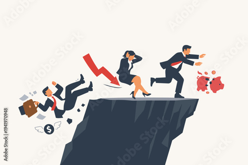 Business People Falling off a Cliff Representing Financial Crisis and Bankruptcy. Flat Vector Illustration of Economic Recession, Market Crash, Investment Loss, and Corporate Failure Concept.
