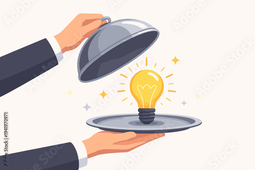 Hands in business suit lifting a silver cloche cover from a platter to reveal a glowing light bulb, symbolizing a fresh idea, creative solution, innovation, and professional service delivery