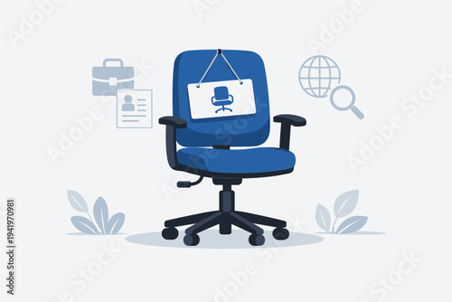 Professional Flat Vector Illustration of a Blue Office Chair with a Vacant Sign for Job Recruitment, Global Hiring, Career Opportunities, Human Resources, and International Business Search.