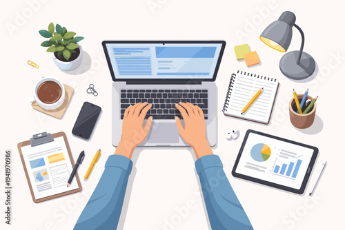 Top view vector illustration of a modern workspace with hands typing on a laptop, digital tablet with data charts, clipboard, coffee cup, smartphone, and office supplies on a white background.