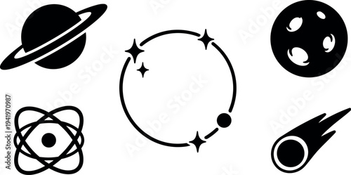 Black and white vector icons of planet with ring atom symbol orbiting planet comet and cratered moon in minimal flat design style