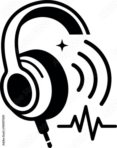 Black and white vector art of headphones with sound waves and music equalizer icon in minimalist style