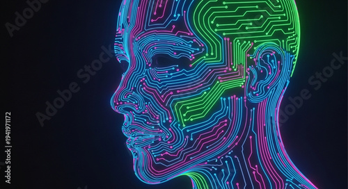 Digital Human Head Illustration with Circuitry Design.