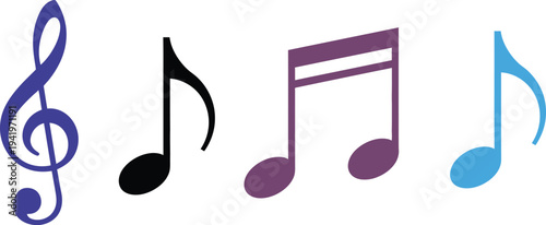 Multicoloured musical notes isolated on transparent background.