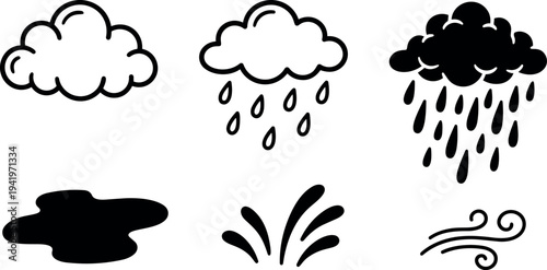 Simple black line weather icon set with clouds rain puddle splash and wind elements vector art design