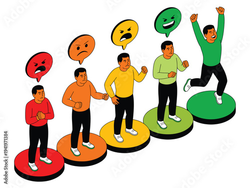 Group of men shows progressive emotional states ranging from anger to extreme.