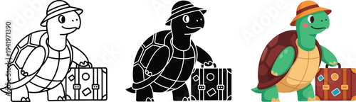 Adorable cartoon traveler turtle wearing a summer hat holding a vintage suitcase ready for vacation adventure design vector illustration set