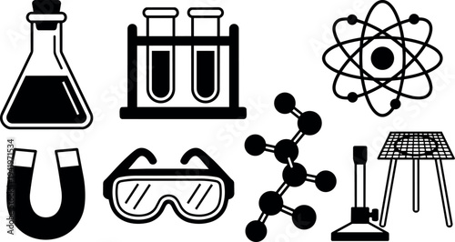 Black and white vector icons of science laboratory flask test tubes atom magnet goggles molecule burner and stand equipment set