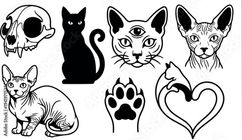 Black and white vector art set of sphynx cat designs skull paw print and heart shaped cat embracing silhouette