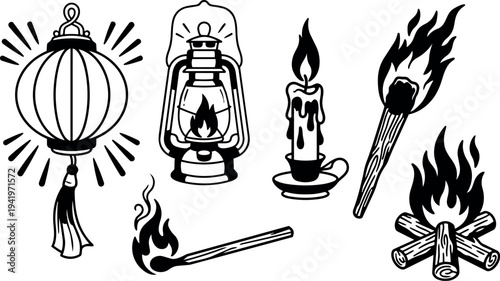 Black and white flat design lantern candle torch campfire and glowing lantern vector art set with flames and light rays