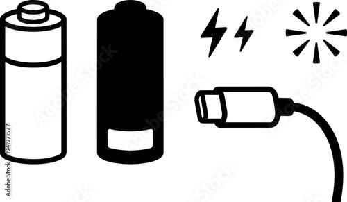 Minimalist black and white battery icons showing full and low charge with charging cable and energy symbols