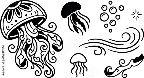 Black and white ornamental jellyfish vector art with swirling tentacles bubbles and wave elements decorative ocean life design