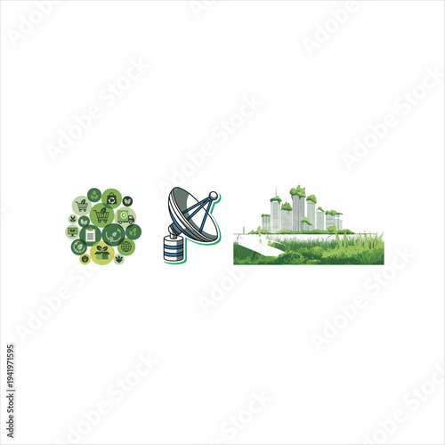 Green technology and futuristic city satellite dish